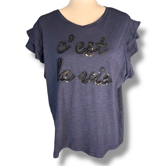 Chico’s XL Navy Blue Sequin T-Shirt C’est La Ve - Picture 1 of 8
